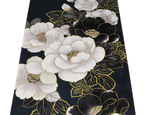 1519番　新品　正絹　振袖用端切れ　約98cm　紗綾形に花の地模様入　鉄緑の地色に梅や椿の花模様