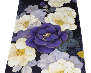 1524番 　新品　正絹　振袖用端切れ　約98cm　紗綾形に花の地模様入　濃紺の地色に梅と椿の花模様