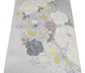 1510番　新品 正絹　振袖用サンプル地端切れ 約98cm 破れ紗綾型に桜の地模様入　薄鼠色の地色に薔薇と芍薬の花模様