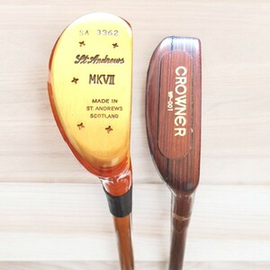 ヴィンテージ ヒッコリー スティック パター St.Andrews MKⅦ & CROWNER WP-001 ALL WOOD 削り出し 木製パター 2本セット