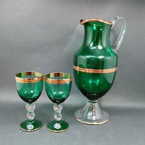 ◆ボヘミア BOHEMIA デキャンタ デカンタ ワイン グラス カップ 2客セット グリーン 緑 金彩◆sh-1151