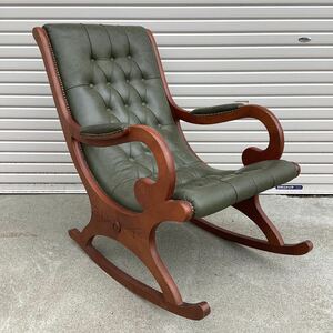 y3526 ファシオ シルバーノ 本革 ロッキングチェア イタリア製 グリーン系 揺り椅子 椅子 チェア 木製 クラシカル 中古 らくらくDランク