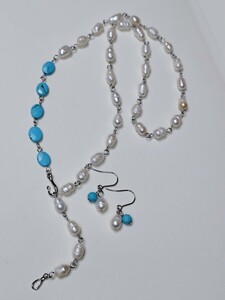 ~ spring. sale ~* natural stone turquoise . fresh water pearl. 2way necklace . earrings ( surgical stainless steel * silver color )*