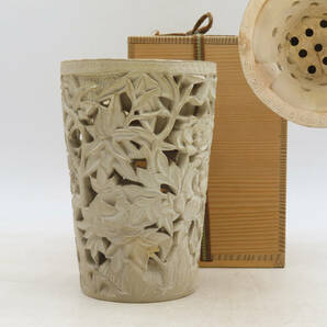 K5996 桃花彫 白泥 涼炉 風炉 茶炉 合箱 陶磁工芸 時代物 茶器 茶道具 古美術 OM12の画像1