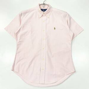 RALPH LAUREN(ラルフローレン)半袖 ボタンダウンシャツ 刺繍ロゴ ストライプ柄 メンズM ピンク系/ホワイト