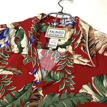 ハワイ製 KALAHEO(カラヘオ)アロハシャツ ハワイアンシャツ オープンカラー リーフ柄 メンズL レッド系_画像4