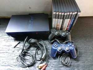 T【O3-76】【100サイズ】SONY Play Station2 本体＋ソフト まとめてセット/SCPH-50000 ミッドナイトブルー/ジャンク扱い/※汚れ有