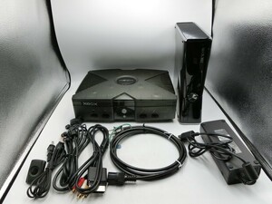 T【フ4-97】【100サイズ】Microsoft XBOX 初期型+XBOX360 2台セット/ゲーム機本体/通電可 ジャンク扱い/※傷 汚れ タバコ臭有