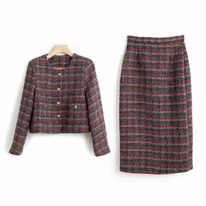 新品暖かいレディースツイードコートスカート配色上下2点セットチェックレンガーM