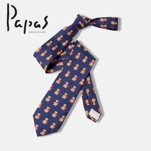 【 Papas 】ネクタイ シルク100％ 日本製 パパス クマ柄 くま柄 ベアーパターン ネイビー