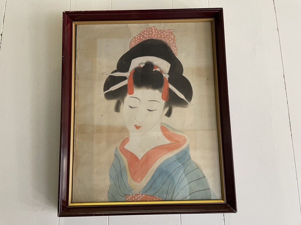 真的, 手绘, 古日本绘画, 一位美丽女人的画像, 和服, 纸, 框架, 浮世绘, 绘画, 浮世绘, 印刷, 一位美丽女人的画像