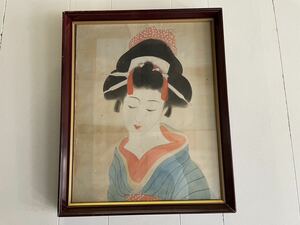 真作 肉筆 古い日本画 美人画 着物 紙 額装 額縁 浮世絵