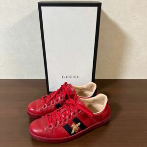 GUCCI グッチ シェリーライン BEE 刺繍 蜂 レザー スニーカー レッド size 7 1/2 メンズ