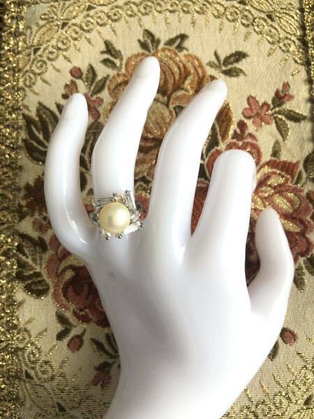 １点限♪♪【指を美しい飾る】天然淡水真珠/大きい一粒(9.5mm)♪薄いゴールド(色染め)パール指輪♪サイズ：10