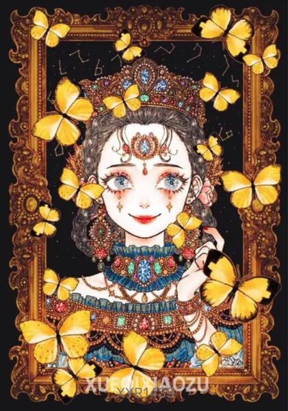 【138】ダイヤモンドアートキット ラウンドビーズ 肖像画風 黄色い蝶と女性