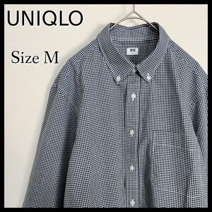 【美品】UNIQLO ユニクロ☆シンプルなチェックシャツ　M 　ボタンダウン　白黒　ビジネス兼用　カジュアル　長袖　胸ポケット