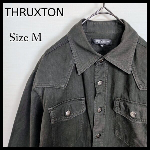 THRUXTON スラクストン☆メタルボタン付シャツ Mサイズ BLACK ブラック 黒 キレイめカジュアル ダブルポケット 長袖