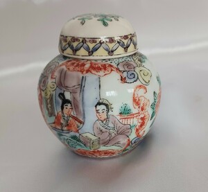 ●広州本彩　茶入　中国陶器　人物像　粉彩色絵