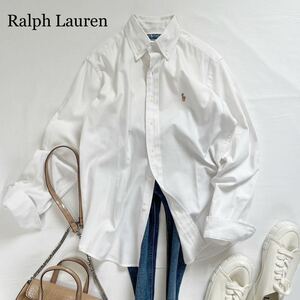 Ralph Lauren 美品！春ポロラルフローレン ユニセック　ポニー刺繍ロゴ 長袖ボタンダウンシャツ ホワイト 白 ゆったりS 