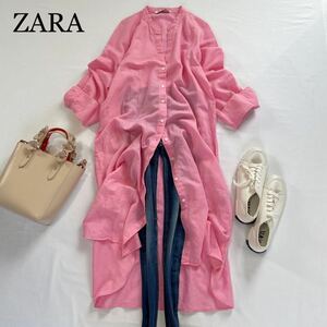 ZARA ピンクカラー　華やか大人可愛い　ヘンリーネック　コットンリネン ブレンド　ロングワンピース　羽織り　サイズMザラ