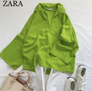 ZARA 春色大人素敵スタイル　鮮やかグリーンカラー　襟付きプルオーバーシャツ ブラウス　リネンブレンド　サイズM ザラ♪