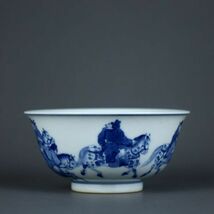 清代 大清康熙年製 陶磁器 青花五王醉帰図碗一対【仁】染付 置物擺件 古賞物 古美術 中国古玩 蔵出_画像4