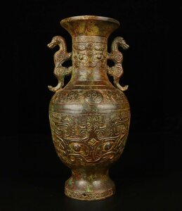 ◆古寳堂◆西周時期 青銅製 獣面 雙耳瓶 置物 賞物 極細工 古置物 古擺件 中国古美術 時代物 古董品