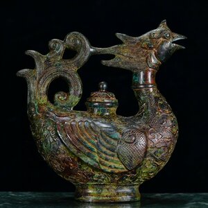 ◆古寳堂◆漢時期 青銅製 鶏頭壺 置物 賞物 極細工 古置物 古擺件 中国古美術 時代物 古董品