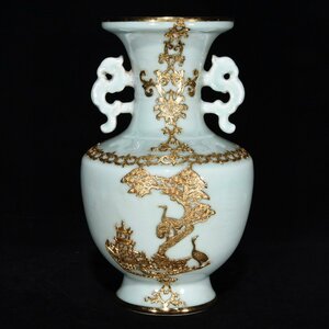 ◆古寳堂◆清 雍正年製款 包銅 塗金 青釉 雙耳瓶 古陶瓷品 極細工 古置物 古擺件 中国古美術 時代物 古董品