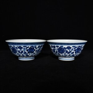 ◆古寳堂◆清 乾隆年製款 青花 纏枝蓮紋 茶碗一對 古陶瓷品 極細工 古置物 古擺件 中国古美術 時代物 古董品