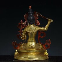 ◆古寳堂◆清 銅製 彩繪 塗金 文殊菩薩像 仏教古美術 供養品 極細工 古置物 古擺件 中国古美術 時代物 古董品_画像6