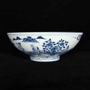 ◆古寳堂◆明 宣德年製款 青花 人物紋 供碗 古陶瓷品 極細工 古置物 古擺件 中国古美術 時代物 古董品