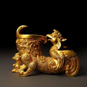 ◆古寳堂◆清 銅製 塗金 神獣爵杯 置物 賞物 極細工 古置物 古擺件 中国古美術 時代物 古董品
