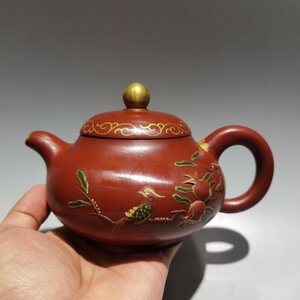 ◆古寳堂◆近現代 紫砂壺 描金壺 顧景舟 大紅袍 茶具 茶道品 極細工 古置物 古擺件 中国古美術 時代物 古董品