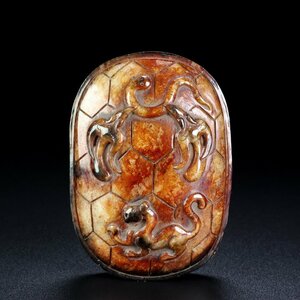 ◆古寳堂◆漢 和田玉製 細密彫 龜殼 置物 賞物 極細工 古置物 古擺件 中国古美術 時代物 古董品