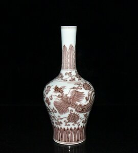 ◆古寳堂◆明 宣德年製款 釉里紅 鳳紋 搖鈴瓶 古陶瓷品 極細工 古置物 古擺件 中国古美術 時代物 古董品