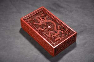 ◆古寳堂◆清 漆器漆彫 剔紅 龍紋 墨盒 置物 賞物 極細工 古置物 古擺件 中国古美術 時代物 古董品