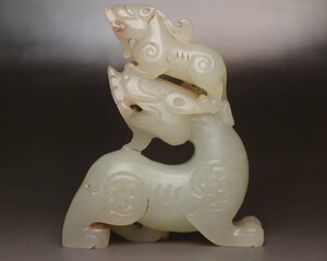 ◆古寳堂◆清 和田玉製 細密彫 母子獣 極細工 古置物 古擺件 中国古美術 時代物 古董品
