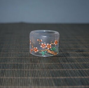 ◆古寳堂◆琉璃製 細密彫 彩繪 梅花紋 指輪 根付 裝身具 極細工 古置物 古擺件 中国古美術 時代物 古董品