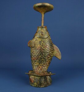 ◆古寳堂◆漢時期 青銅製 鯉魚燈台 置物 賞物 極細工 古置物 古擺件 中国古美術 時代物 古董品