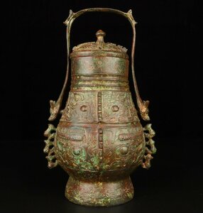 ◆古寳堂◆西周時期 青銅製 獣面提梁瓶 置物 賞物 極細工 古置物 古擺件 中国古美術 時代物 古董品