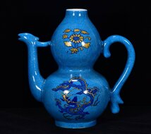 ◆古寳堂◆明 宣德年製款 孔雀藍 加彩 酒壺 古陶瓷品 極細工 古置物 古擺件 中国古美術 時代物 古董品_画像1