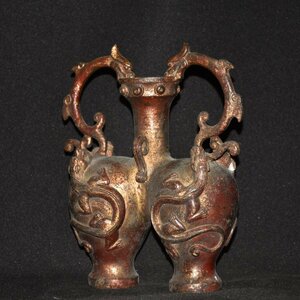◆古寳堂◆明 宣德年製款 紫銅製 雙龍耳 雙獣杯花瓶 置物 賞物 極細工 古置物 古擺件 中国古美術 時代物 古董品