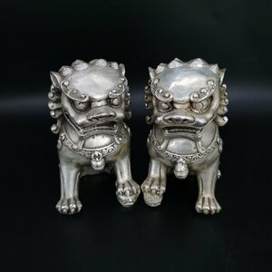 ◆古寳堂◆清 白銅製 獅子一對 置物 賞物 極細工 古置物 古擺件 中国古美術 時代物 古董品