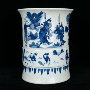 ◆古寳堂◆清 康熙年製款 青花 人物故事紋 筆筒 古陶瓷品 極細工 古置物 古擺件 中国古美術 時代物 古董品