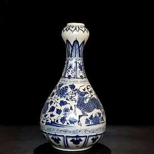 ◆古寳堂◆元 青花 八寶垂肩紋 蒜頭瓶 古陶瓷品 極細工 古置物 古擺件 中国古美術 時代物 古董品