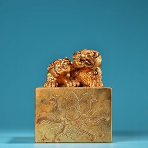 ◆古寳堂◆清 銅製 塗金 子母獣印章 置物 賞物 極細工 古置物 古擺件 中国古美術 時代物 古董品