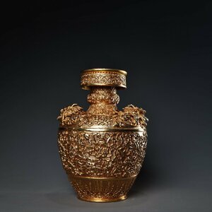 ◆古寳堂◆清 乾隆年製款 紫銅製 塗金 龍耳花瓶 置物 賞物 極細工 古置物 古擺件 中国古美術 時代物 古董品
