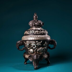 ◆古寳堂◆明 宣德年製款 銅製 銀鍍 太平有象熏香炉 置物 賞物 極細工 古置物 古擺件 中国古美術 時代物 古董品