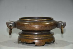 ◆古寳堂◆明 宣德年製款 銅製 雙耳 底座熏香炉 置物 賞物 極細工 古置物 古擺件 中国古美術 時代物 古董品